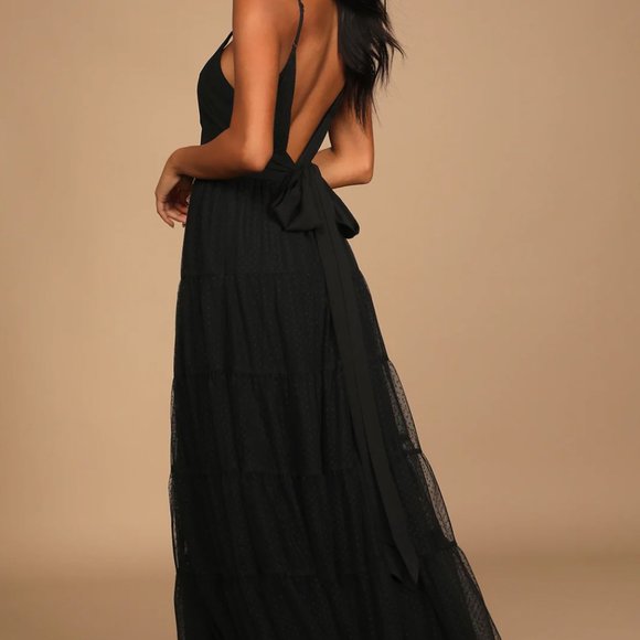 Made to be Magical Black Dotted Tie-Back Tiered Midi Dress - Picture 2 of 5